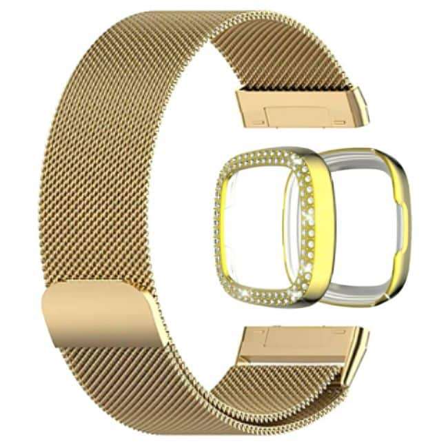 Killer Deals Milanese strap and PC case with diamond for Fitbit Versa 3 ,Sense - Gold Combo
