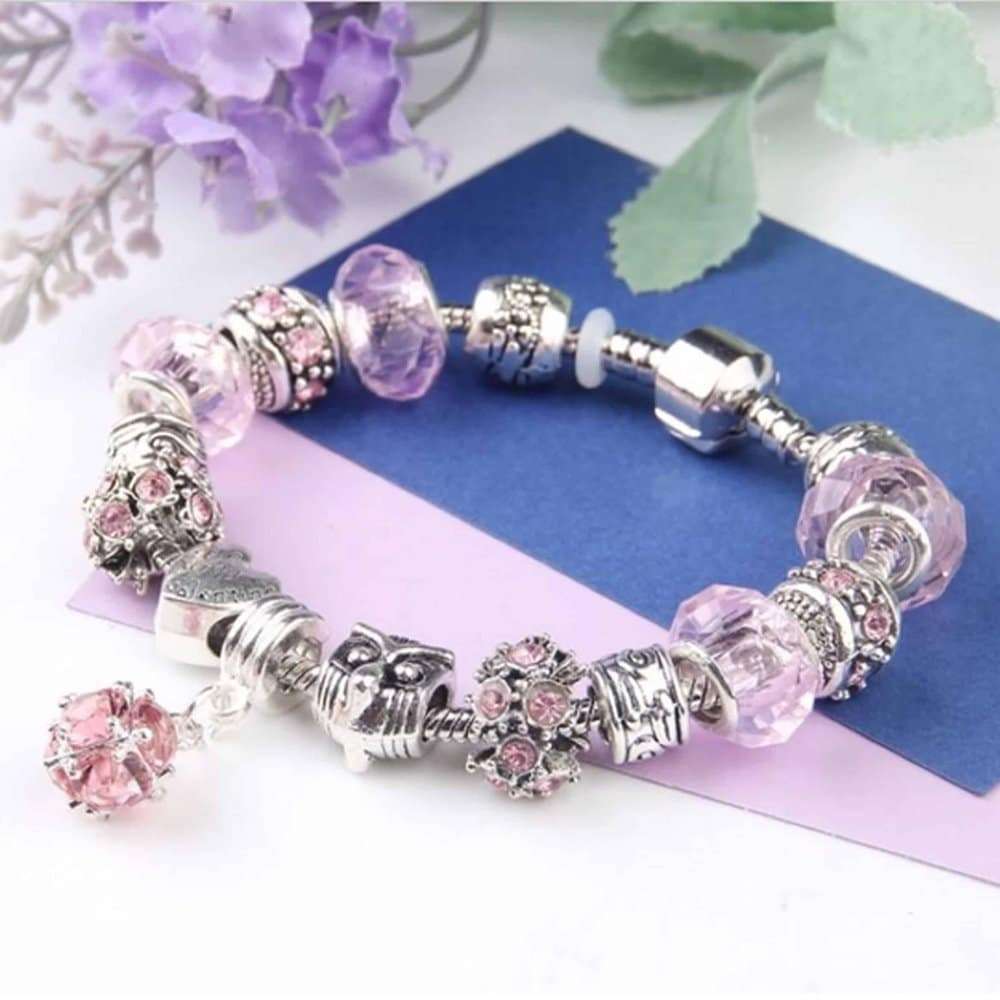 Murano Crystals Carved Plated Snake Chain Fashion Charm Bracelet - Pink
