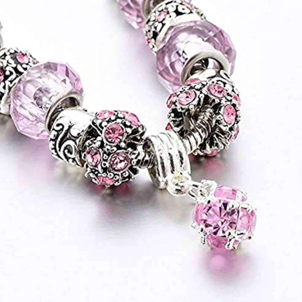 Murano Crystals Carved Plated Snake Chain Fashion Charm Bracelet - Pink