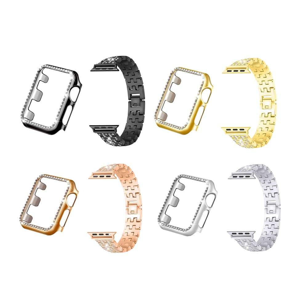 38mm Apple Watch Rhinestone PC Shiny Protective Frame + stainless-steel strap - Black
