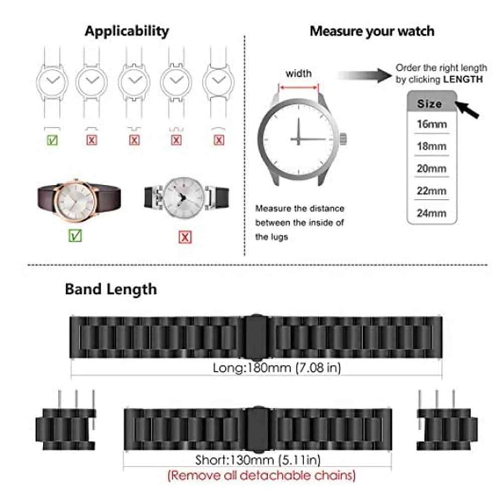 24mm watch 3 links stainless -steel strap - Silver