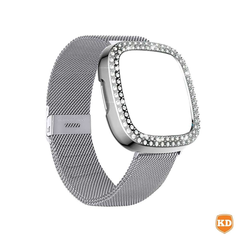 Killer Deals Milanese strap and PC case with diamond for Fitbit Versa 3 ,Sense - Gold Combo