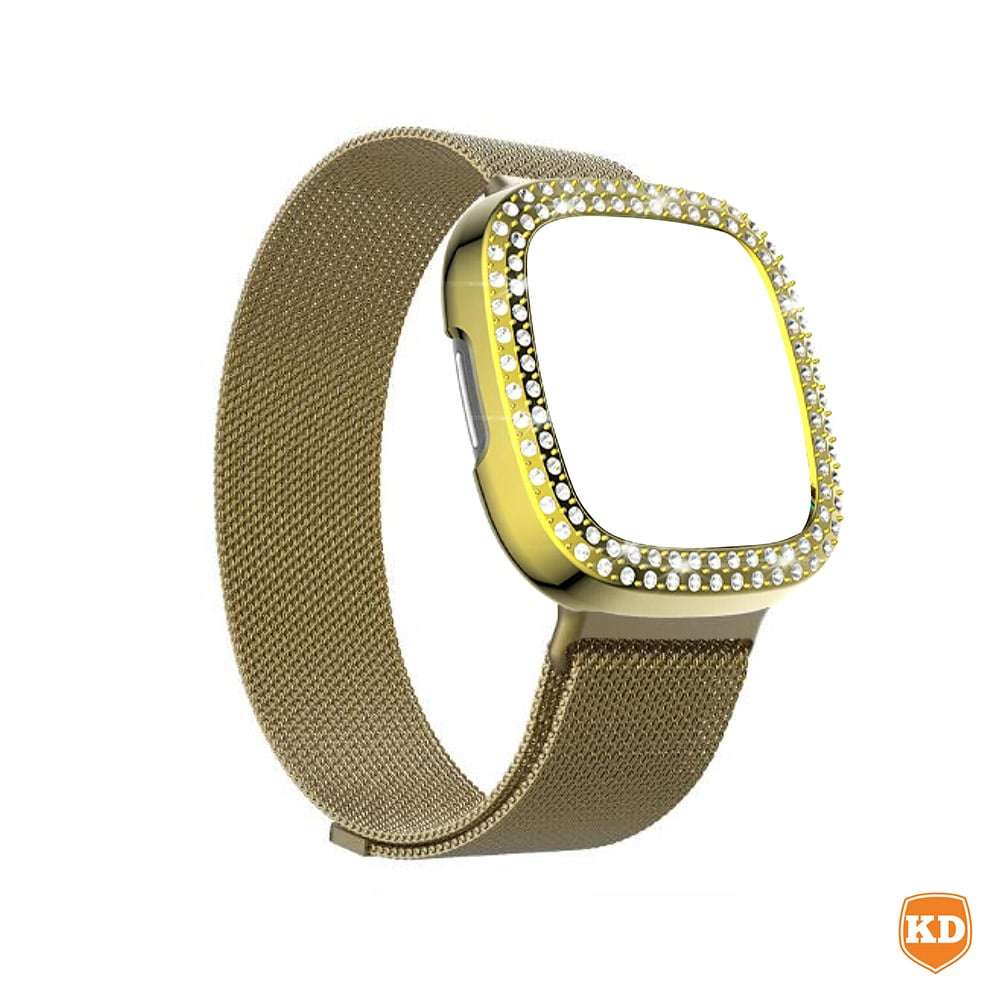 Killer Deals Milanese strap and PC case with diamond for Fitbit Versa 3 ,Sense - Gold Combo