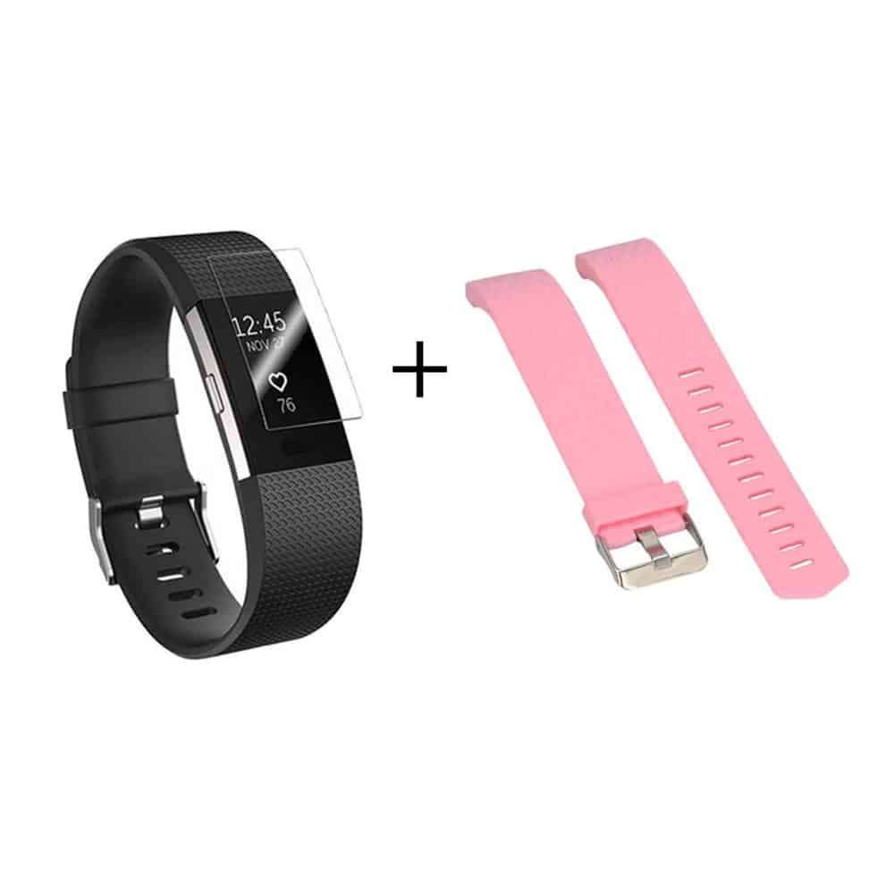 Fitbit Charge 2 silicone strap (S-M/pink) + TPU case (clear) Combo