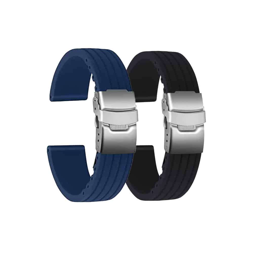 20mm Universal Watch Replacement Silicone Strap- Black & Blue 2 Pack