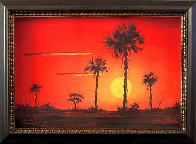 DANE WILLERS:  (1949 - ) Original Oil: Sunset Palms. FRAMED !!  EASTER SPECIAL !!  Value: R3000.00