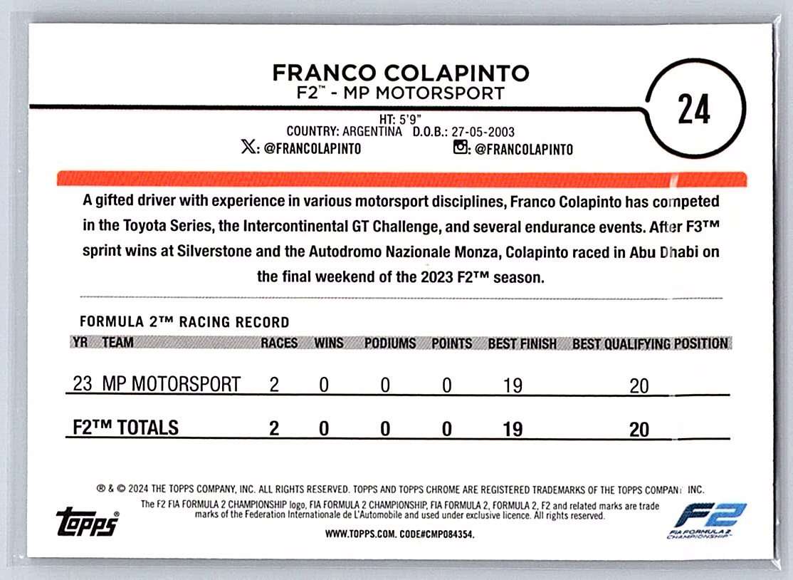Franco Colapinto F1 Topps Chrome 2024 #24 - NM