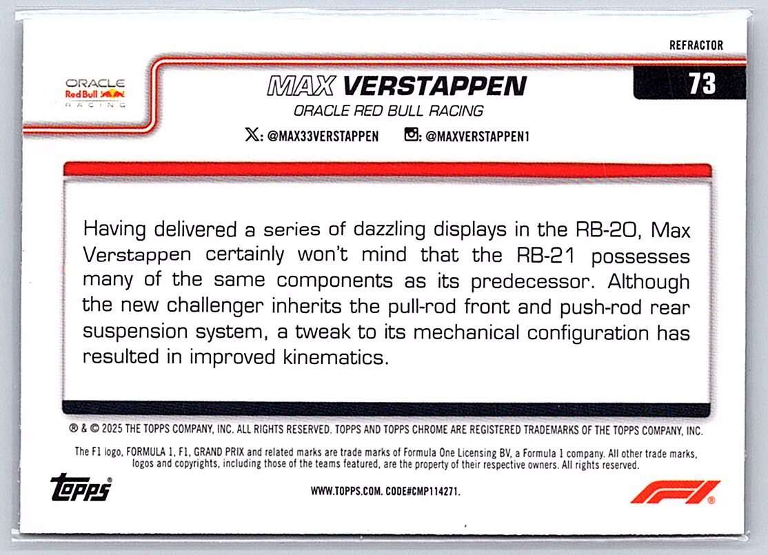Max Verstappen F1 Topps Chrome 2025 #73 (Refractor) - NM
