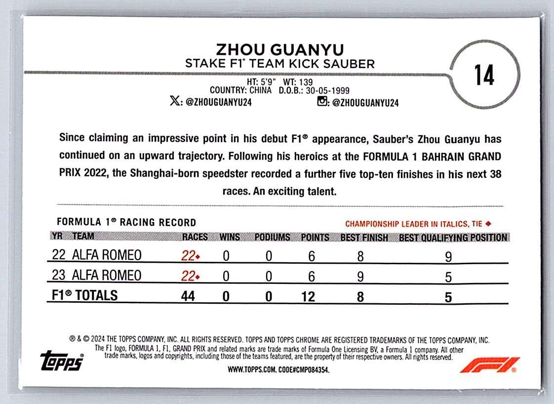 Zhou Guanyu F1 Topps Chrome 2024 #14 - NM