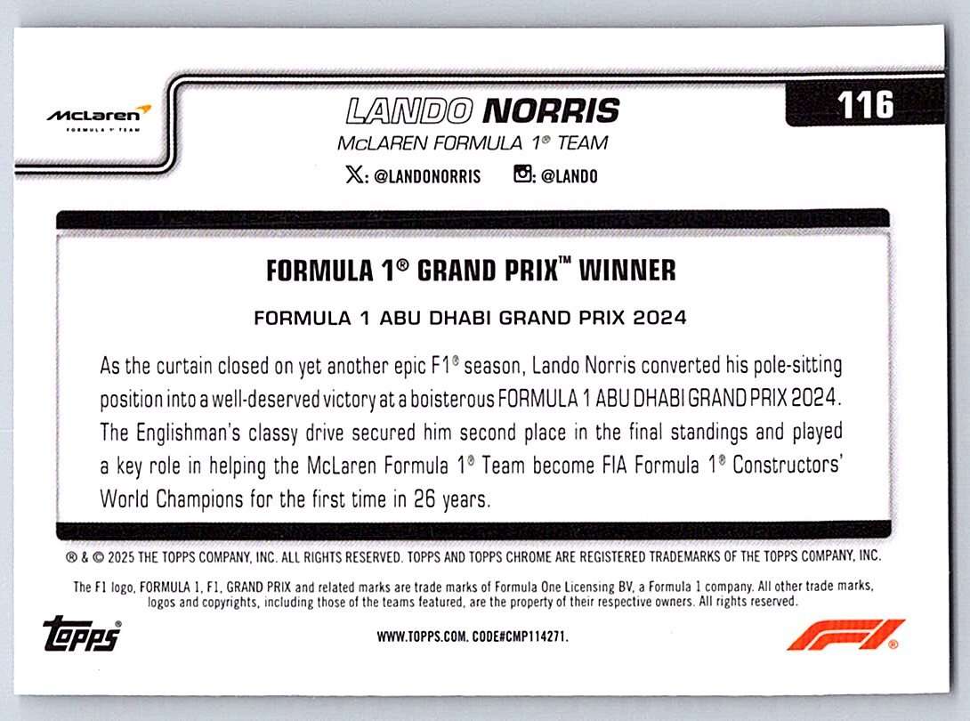 Lando Norris F1 Topps Chrome 2025 #116 - NM