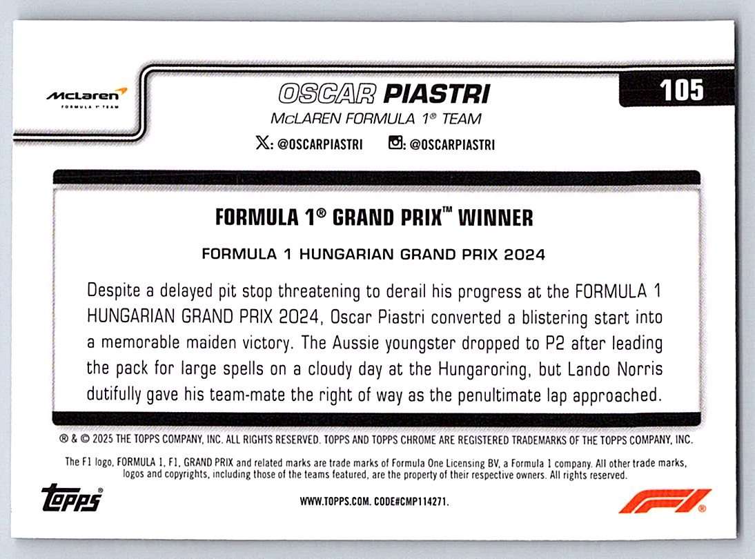 Oscar Piastri F1 Topps Chrome 2025 #105 - NM
