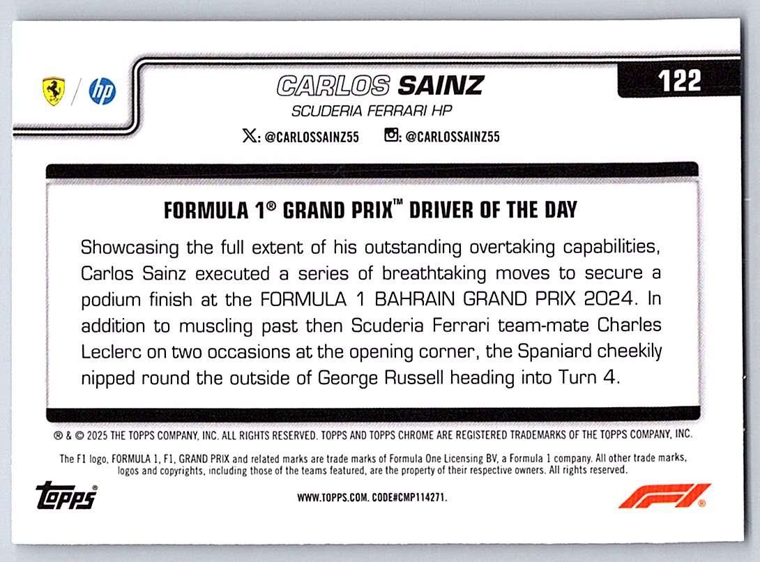 CARLOS SAINZ F1 Topps Chrome 2025 #122 - NM