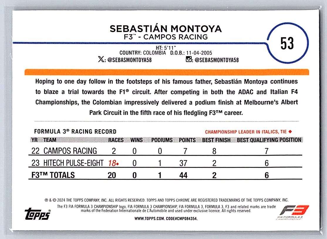 Sebastin Montoya F1 Topps Chrome 2024 #53 - NM