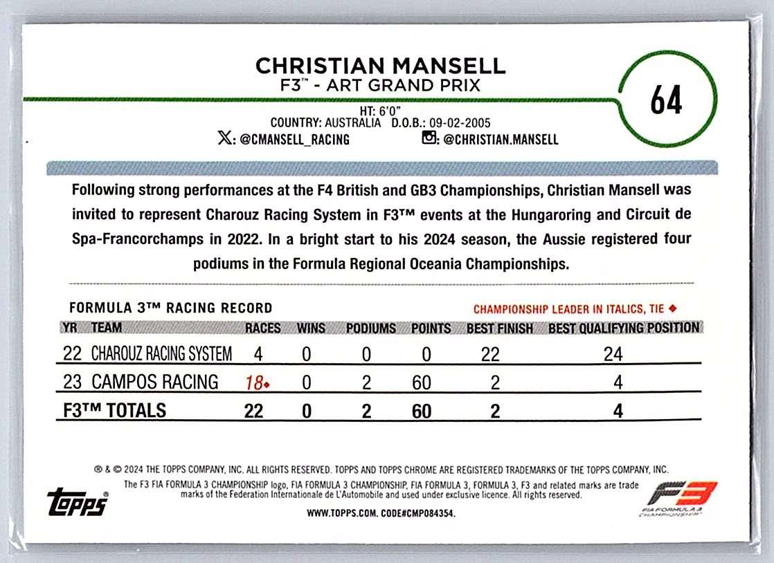 Christian Mansell F1 Topps Chrome 2024 #64 - NM