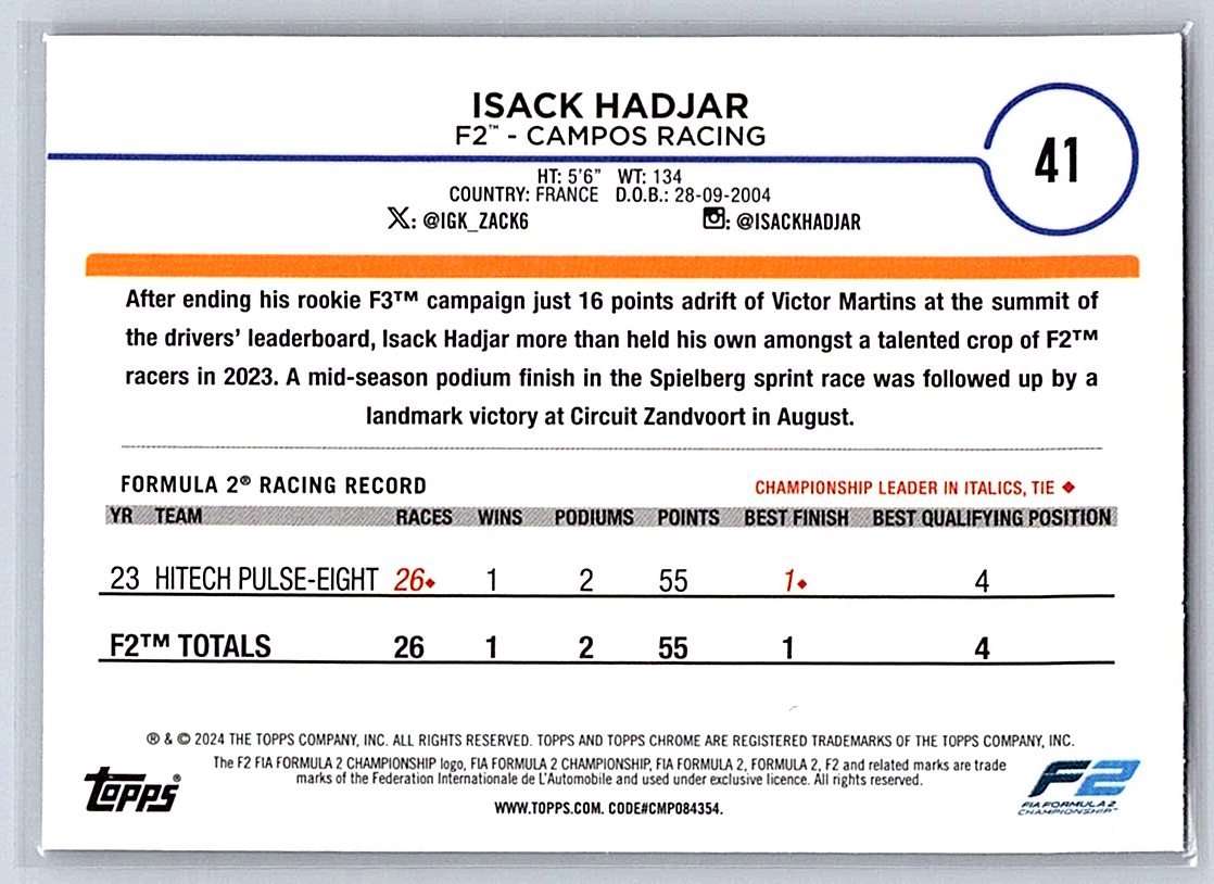 Isack Hadjar F1 Topps Chrome 2024 #41 - NM