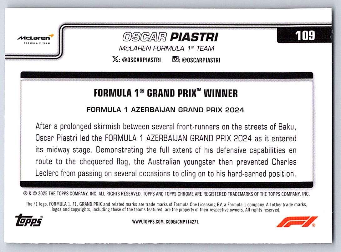 OSCAR PIASTRI F1 Topps Chrome 2025 #109 - NM