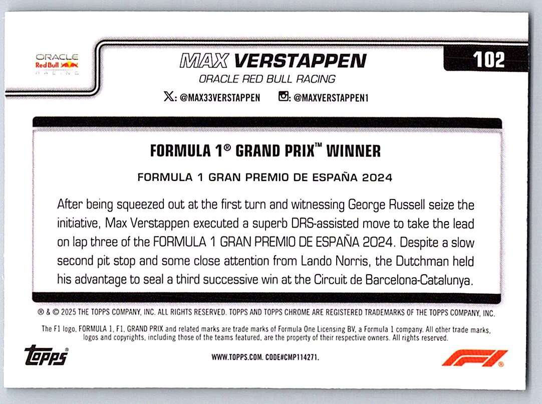 Max Verstappen F1 Topps Chrome 2025 #102 - NM