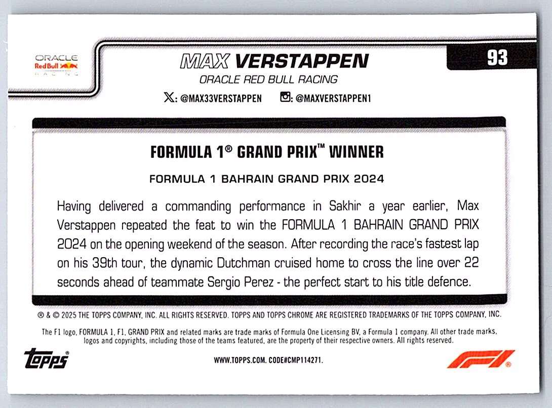 MAX VERSTAPPEN F1 Topps Chrome 2025 #93 - NM