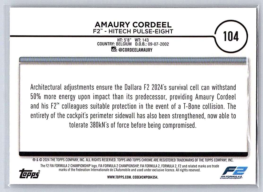 Amaury Cordeel F1 Topps Chrome 2024 #104 - NM