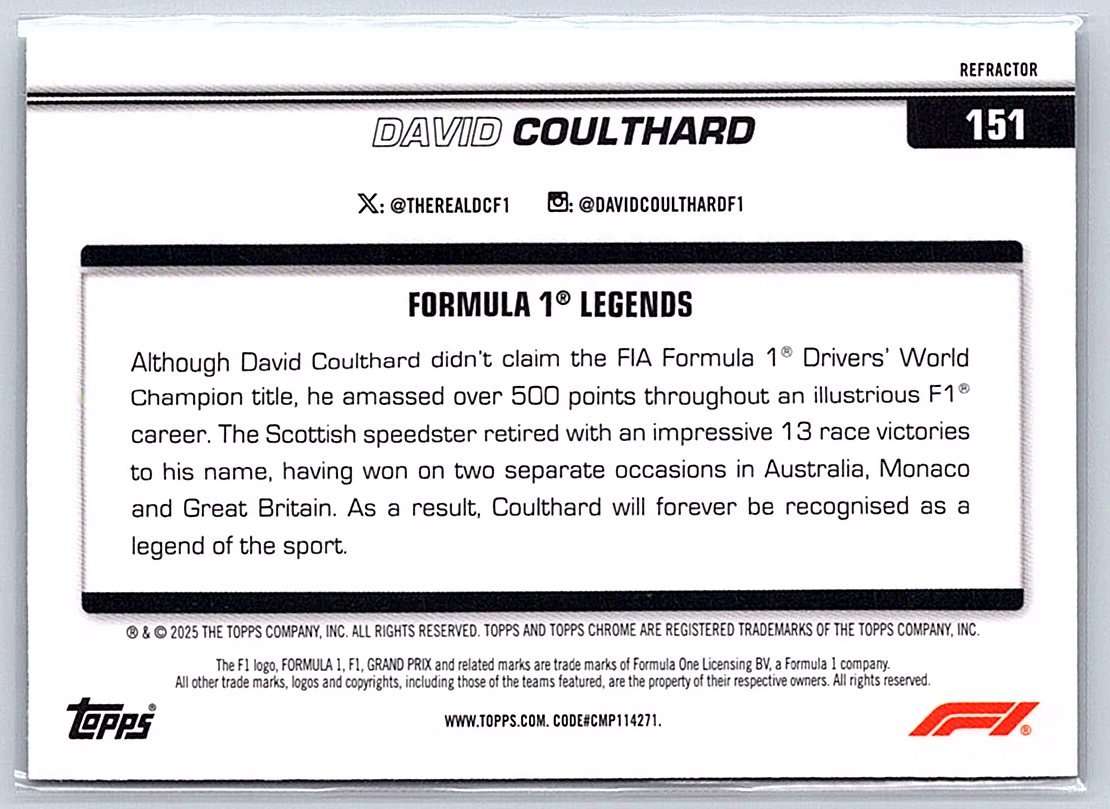 David Coulthard F1 Topps Chrome 2025 #151 (Refractor) - NM