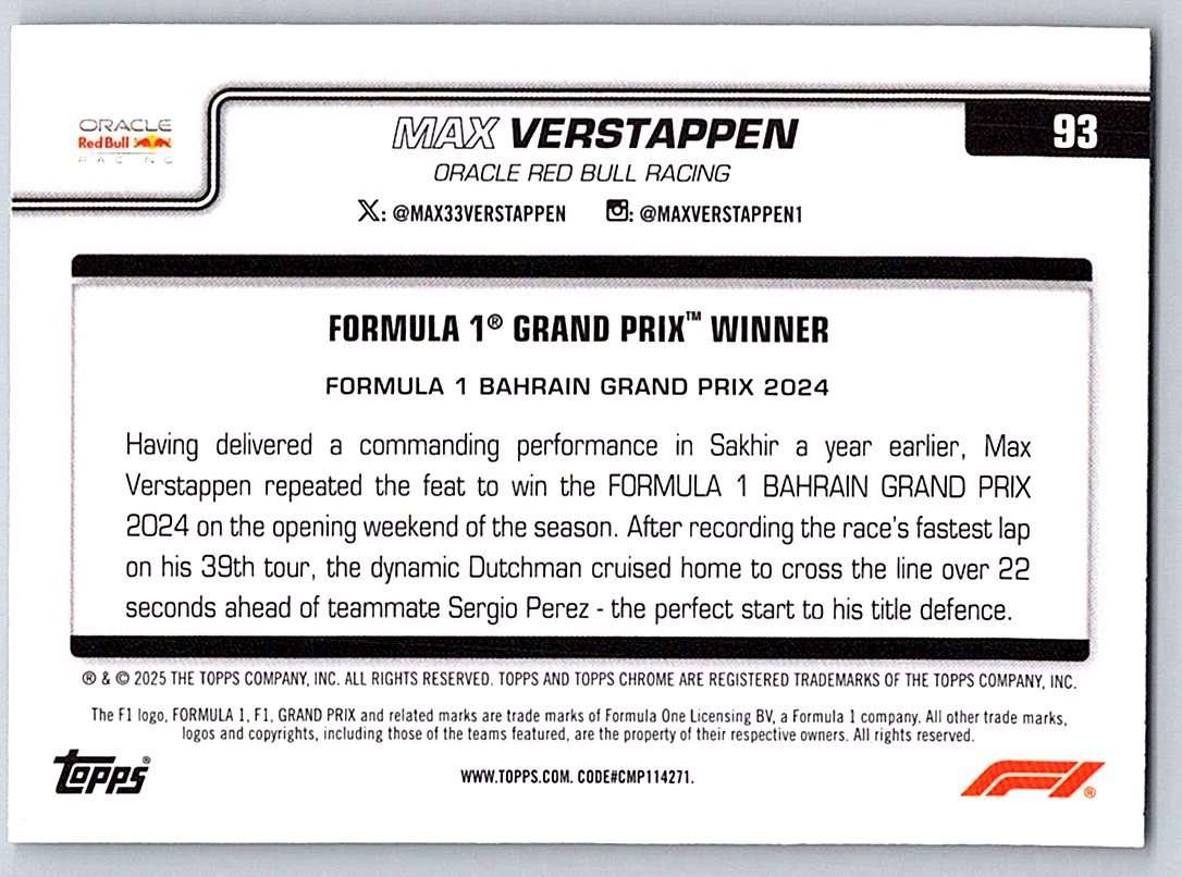 Max Verstappen F1 Topps Chrome 2025 #93 - NM
