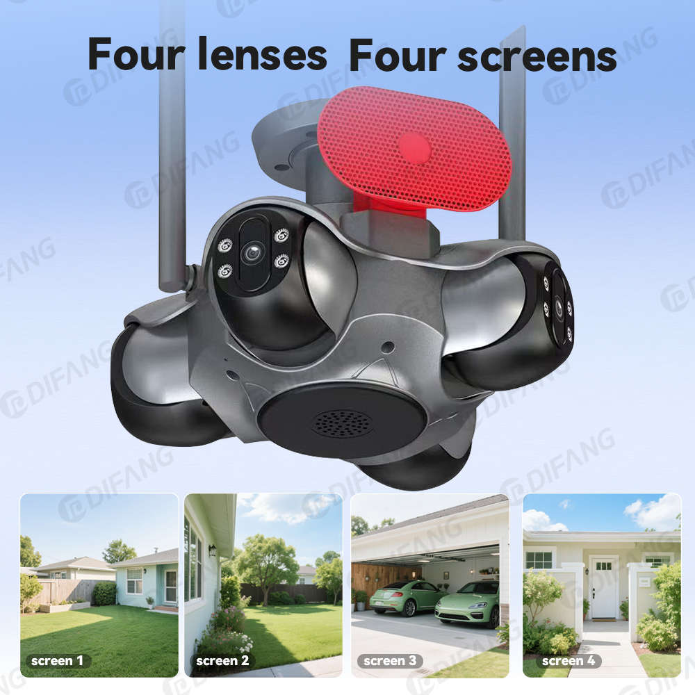 4-Lens 360° Outdoor Security Camera  Quad View WiFi CCTV with Night Vision, Motion Detection, App R