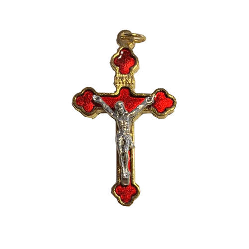 Small Gold and Colour Budded Crucifix - Red
