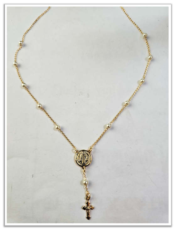18kt Gold Filled St Benedict Pearl Rosary