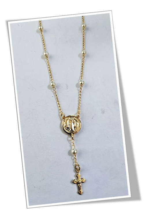 18kt Gold Filled St Benedict Pearl Rosary