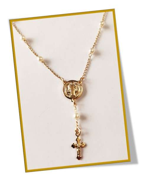 18kt Gold Filled St Benedict Pearl Rosary