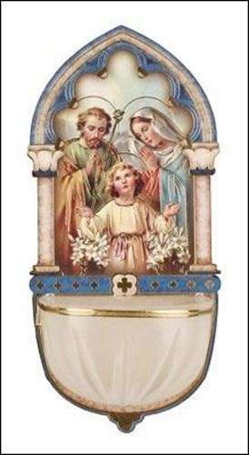 13cm Holy Family Wooden font with Luminous Holy Water bowl