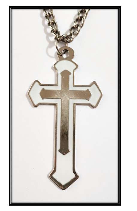 Pectoral Cross - 11.5cm Silver Cross with white enamel inlay - 1 meter chain