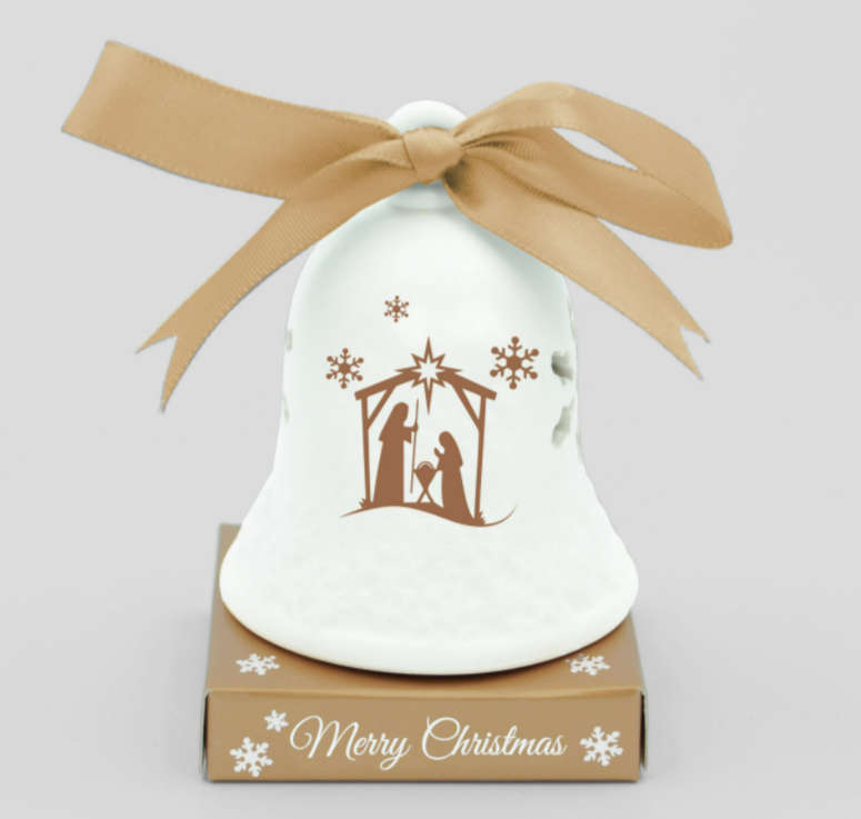 Christmas Ceramic Bell - 7cm - Nativity in gold