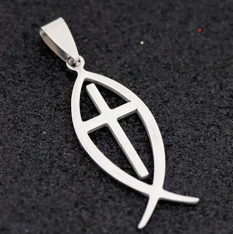Ichthus Pendant with Cross - 33mm long - Stainless Steel