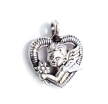 2cm Heart Cherub holding Flowers Charm / Pendant