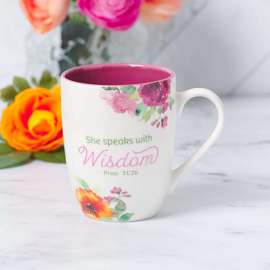 She Speaks With Wisdom Ceramic Mug With Pink Interior - Proverbs 31:26
