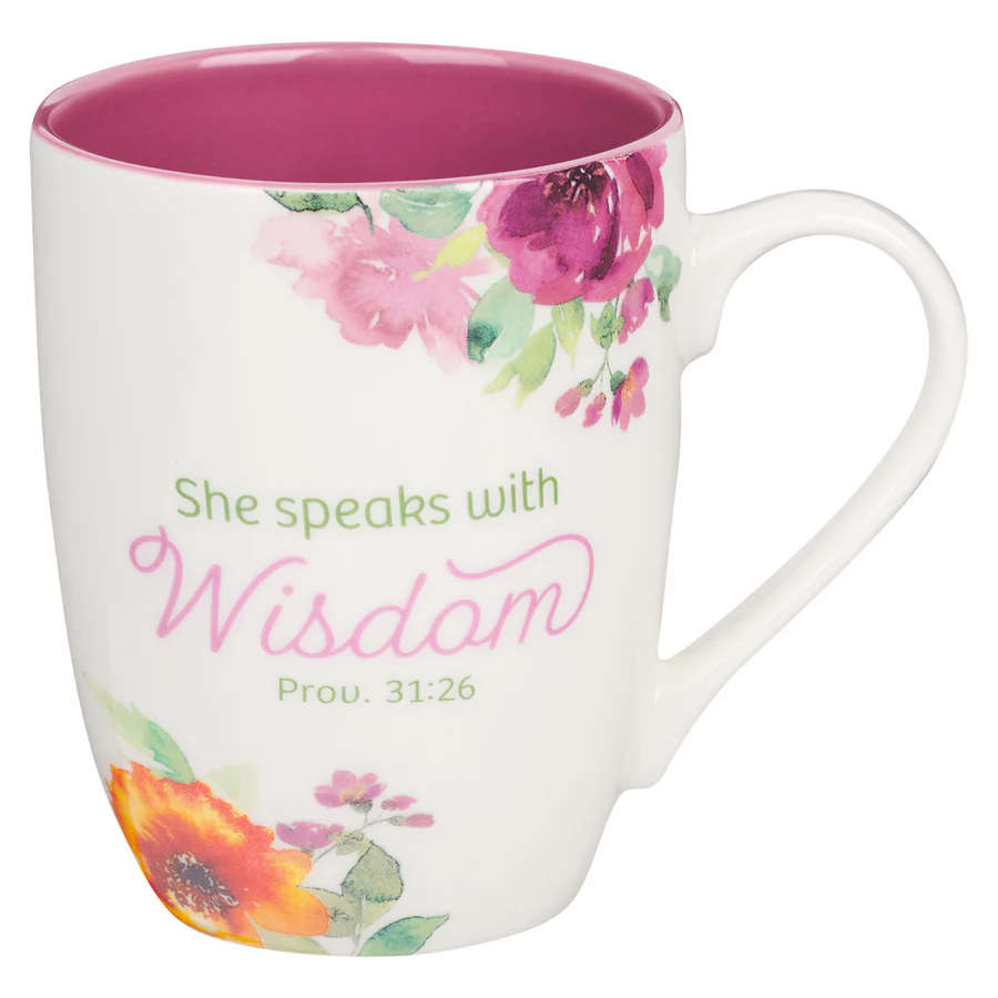She Speaks With Wisdom Ceramic Mug With Pink Interior - Proverbs 31:26