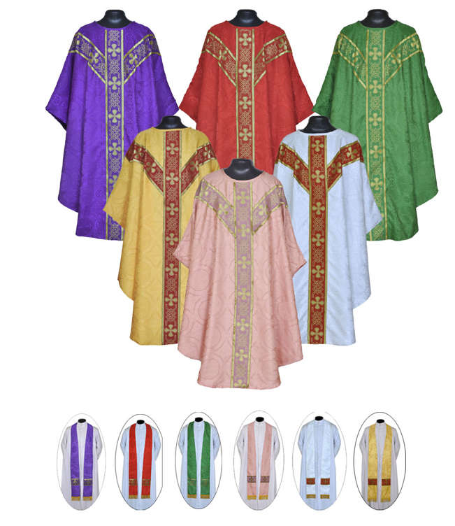 Gothic Chasuble in Damask with Cross Designs & Stole - Import