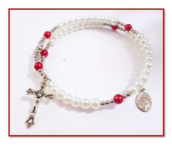 White Faux pearl 5 decade Memory Wire Bracelet - Red Mystery beads
