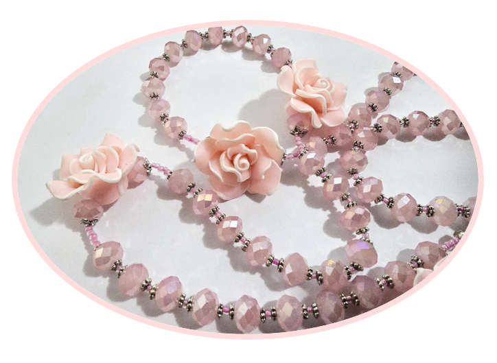 Pale Pink Austrian Crystal AB Glass Rosary with Pink Rose Mysteries - Strung Design - Unique One ...