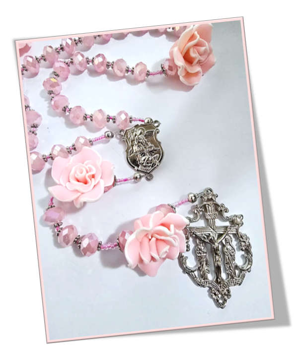 Pale Pink Austrian Crystal AB Glass Rosary with Pink Rose Mysteries - Strung Design - Unique One ...