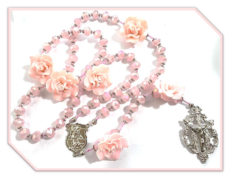 Pale Pink Austrian Crystal AB Glass Rosary with Pink Rose Mysteries - Strung Design - Unique One ...