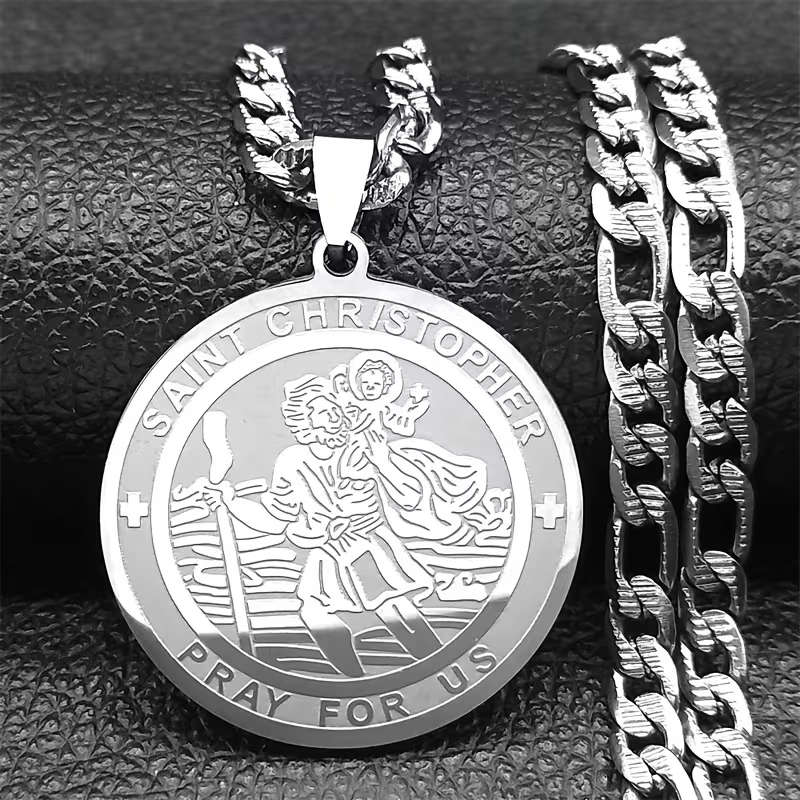 Stainless Steel St Christopher Pendant with 54cm Figaro Chain