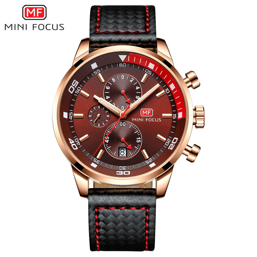 Brown MINI FOCUS Business Man Watch Three-eye 6-pin Timing Quartz Watch