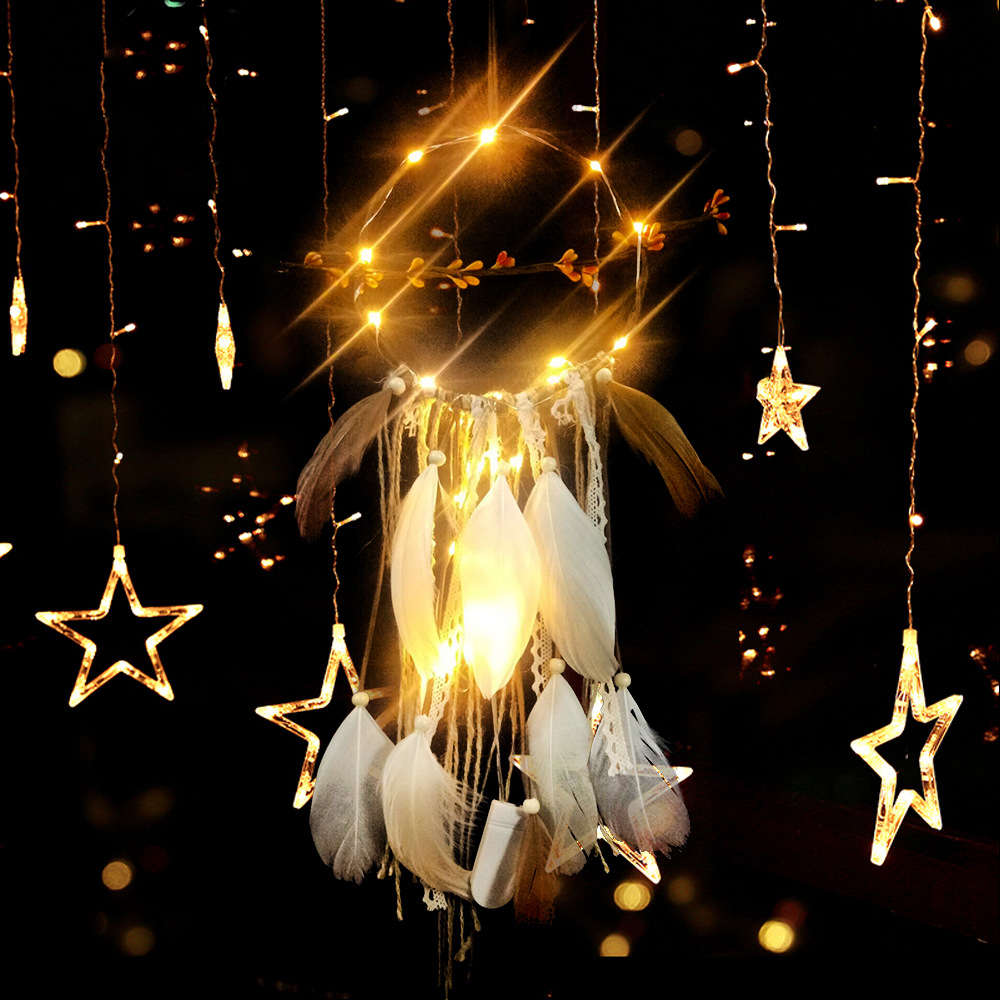 Creative Rattan Garden dream catcher wall hanging warm colored lamp