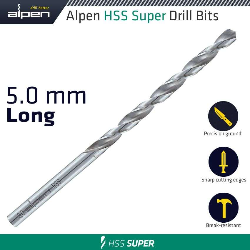 Alpen - HSS Super Drill Bit Long 5 X 132mm Pouch - Alpen - HSS Super Drill Bit Long 5 X 132mm Pouch