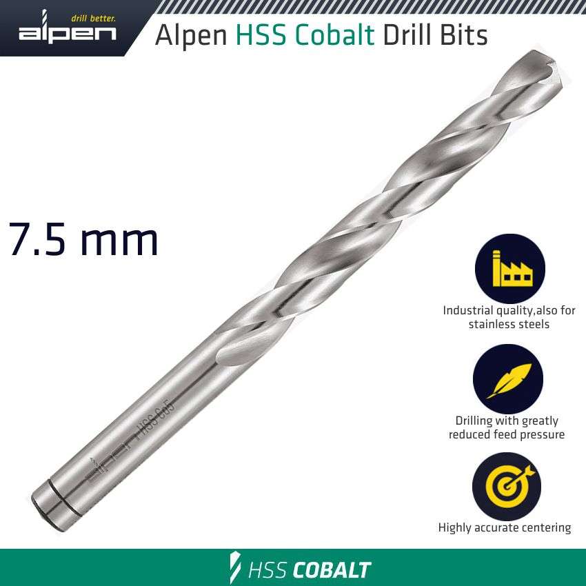 Alpen - HSS Cobalt Drill Bit 7.5mm - Alpen - HSS Cobalt Drill Bit 7.5mm