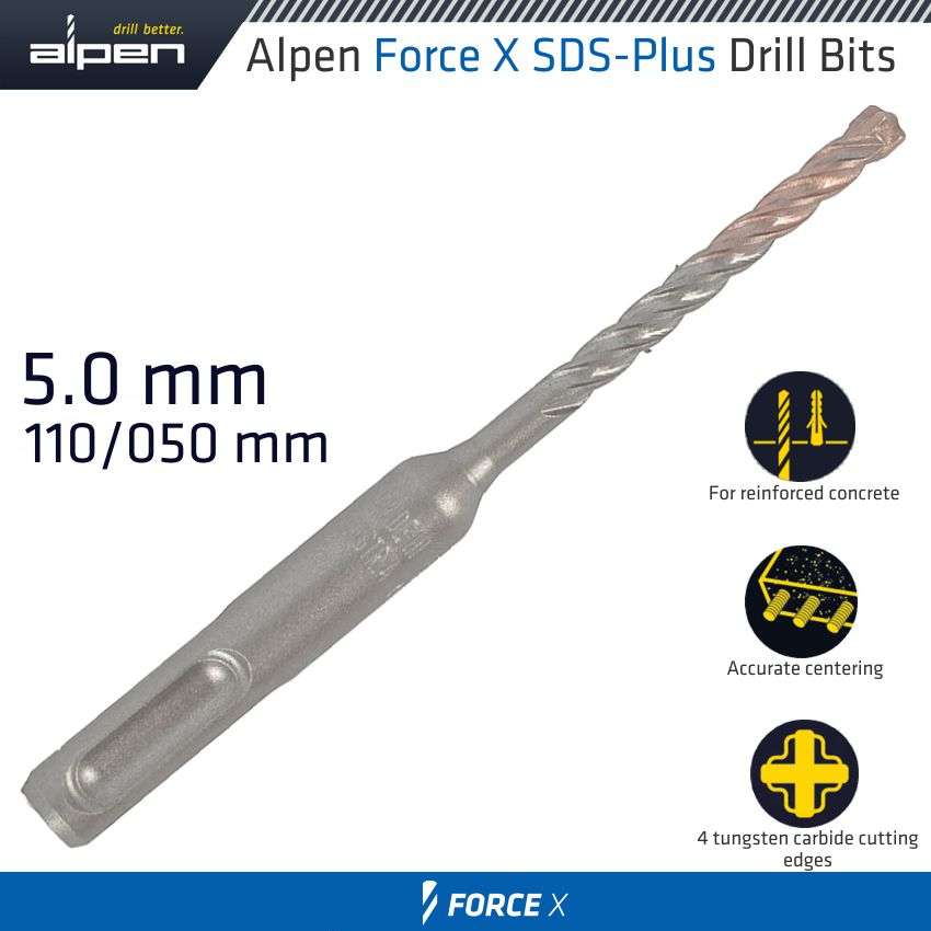 Alpen - Force X 5.0 X 110/050 Sds-Plus Drill Bit X4 Cutting Edges - Bulk - Alpen - Force X 5.0 X ...
