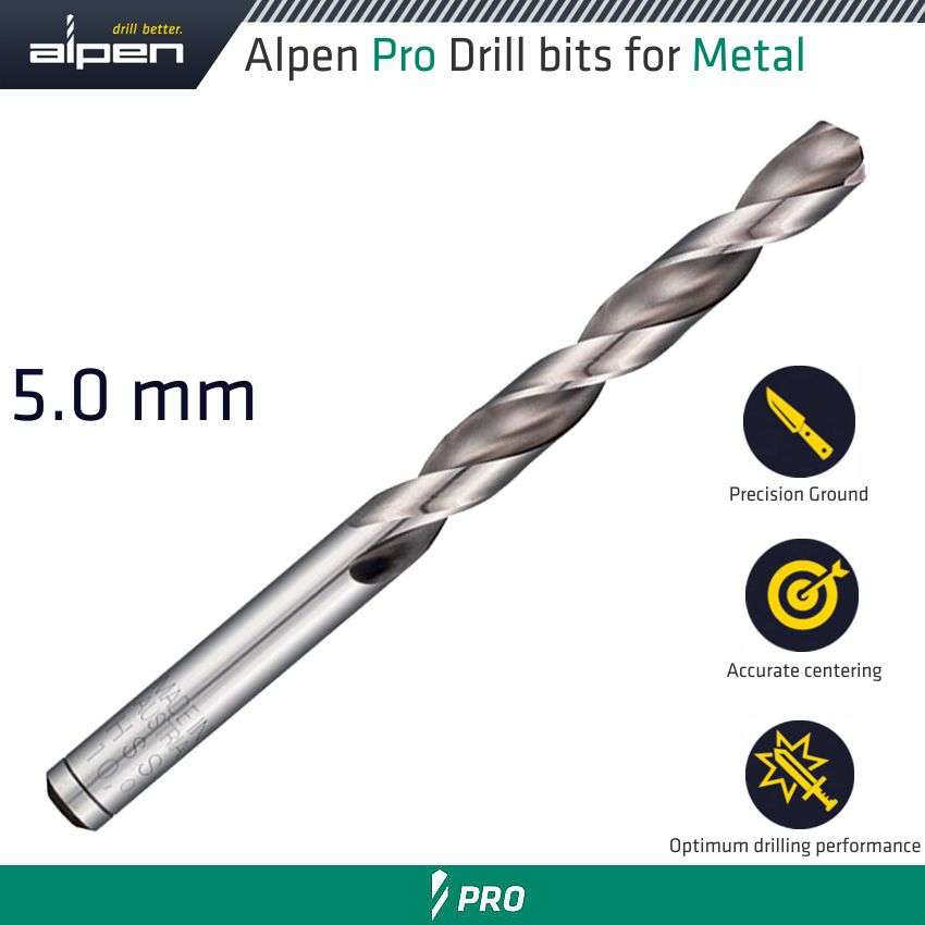 Alpen - Pro 5.0mm Hss Drill Din 338 Rn 135 With Split Point Bulk - Alpen - Pro 5.0mm Hss Drill Di...