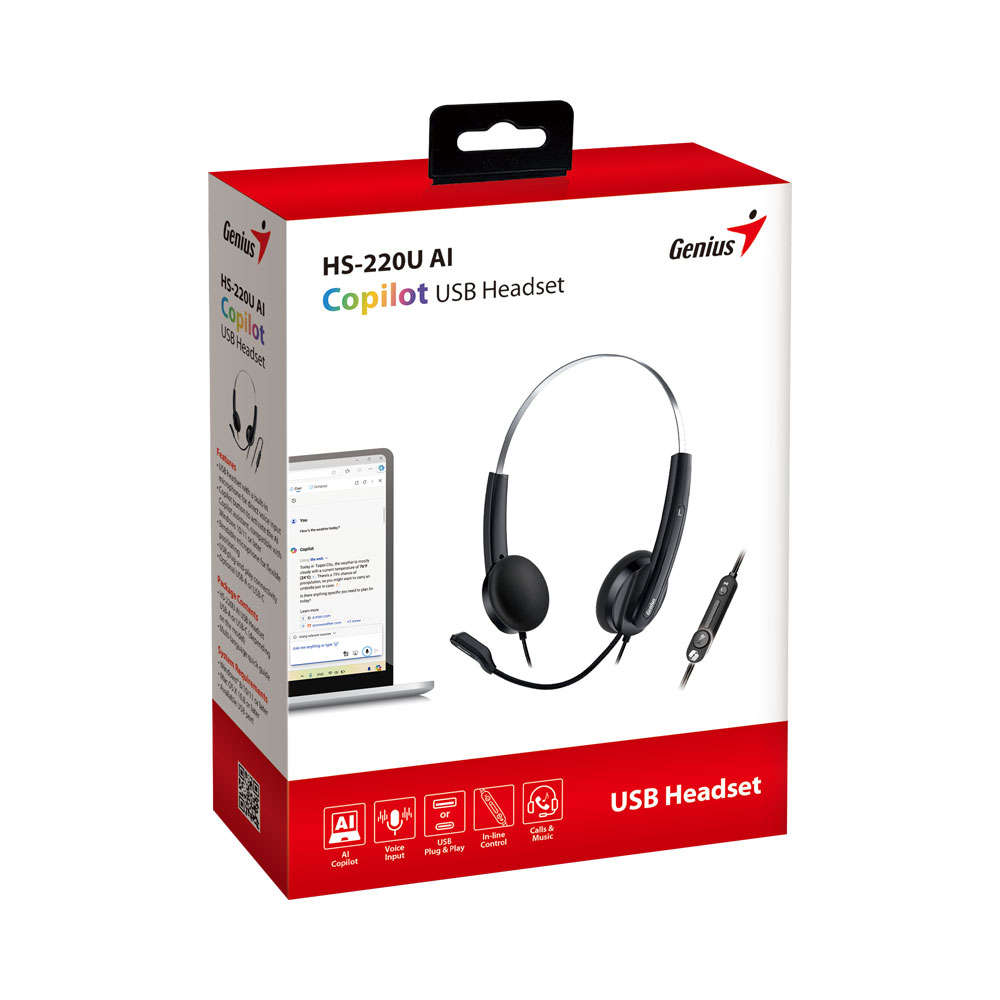 Genius - USB Headset 220U AI Blk USB-C,2.4M - Genius - USB Headset 220U AI Blk USB-C,2.4M
